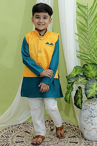 yellow jacquard nehru jacket set for boys