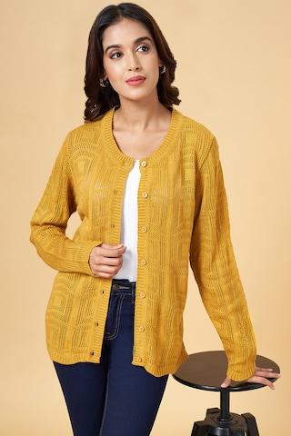 yellow jacquard winter wear full sleeves round neck women regular fit cardigan