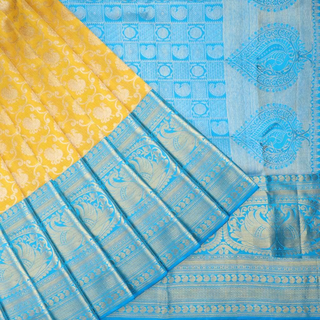 yellow kanjivaram silk saree with jaal design