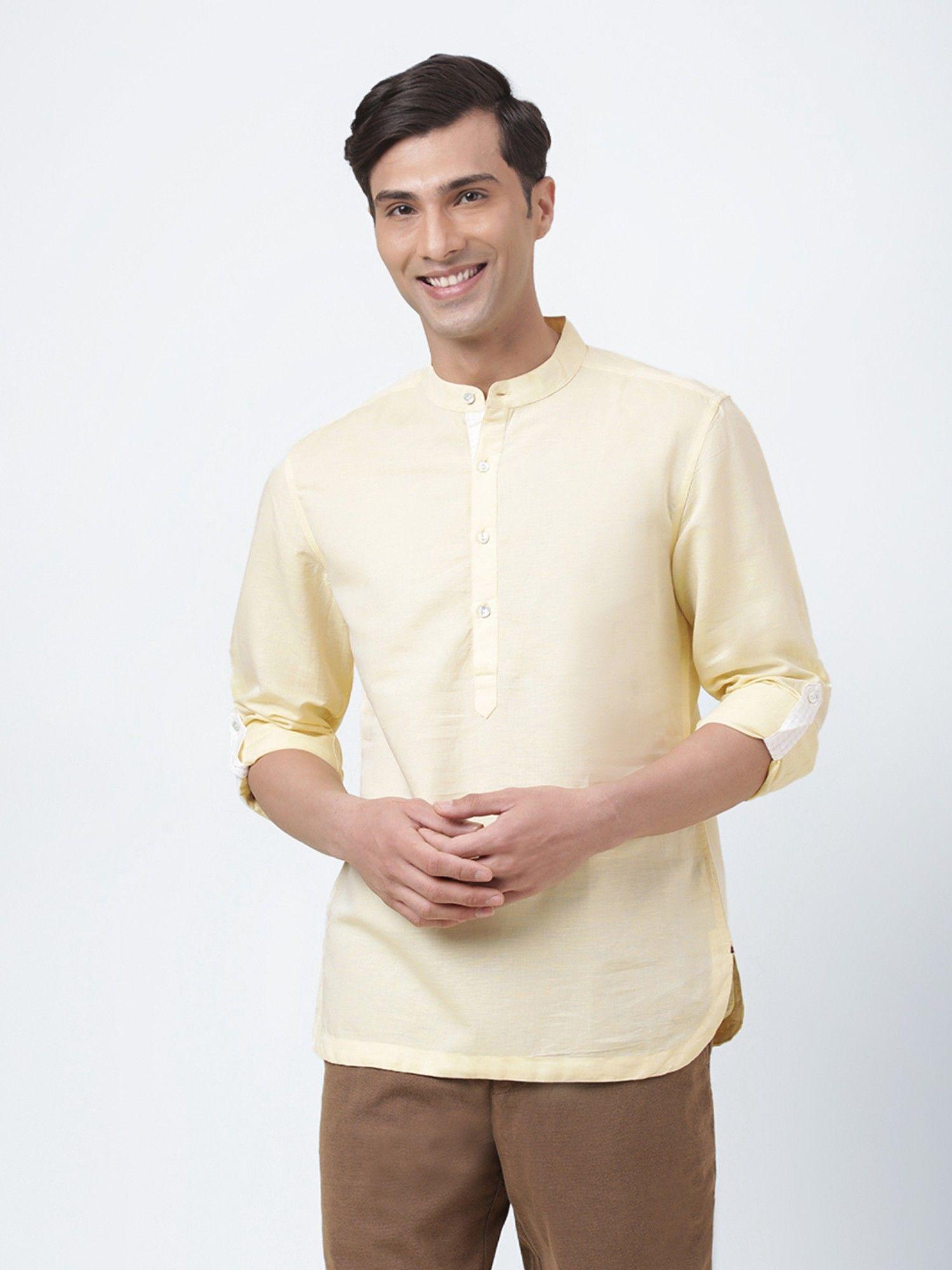 yellow linen blend slim fit mid placket shirt