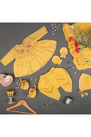 yellow linen chanderi & mulmul embroidered kurta set for girls