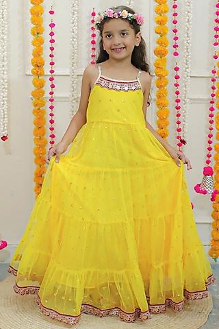 yellow mesh tiered gown for girls