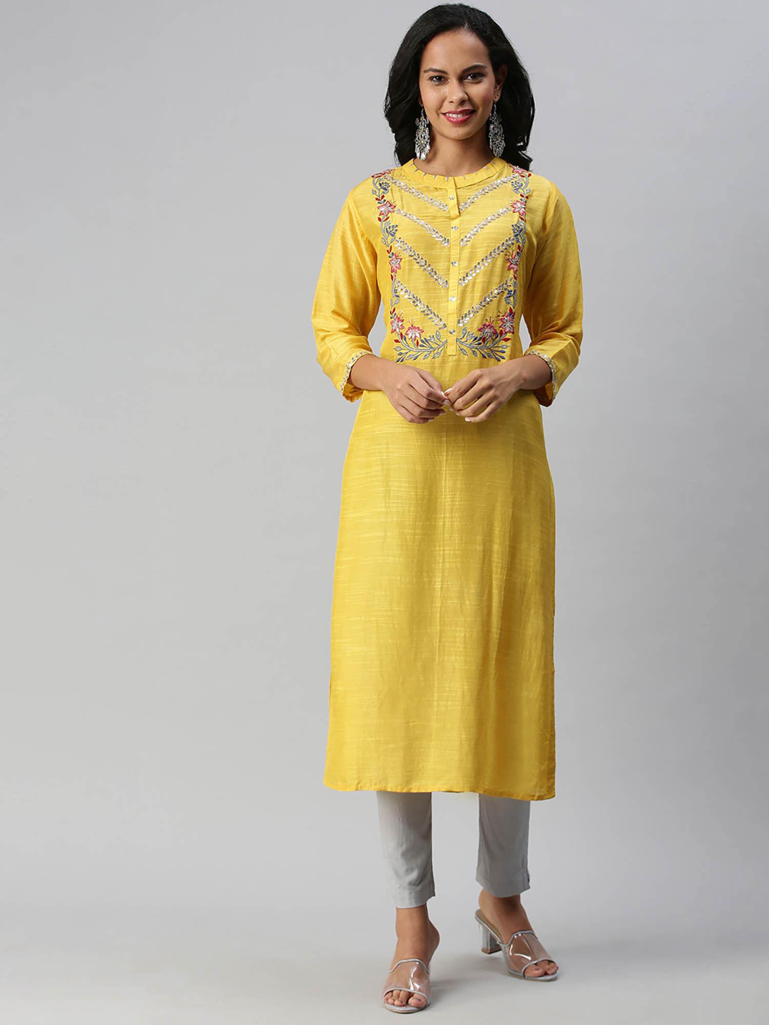 yellow modal embroidered kurti