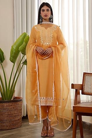 yellow muslin embroidered kurta set