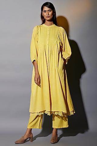 yellow natural dyed cotton blend handblock printed tunic set