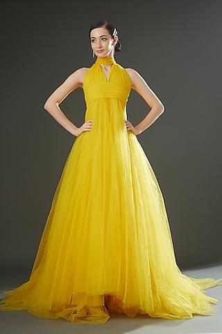yellow net gown with cape