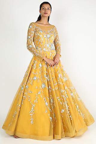 yellow net gown with jaal work