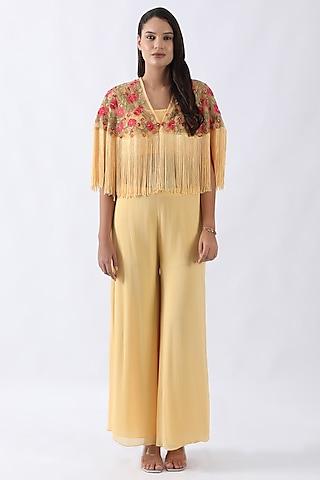 yellow net thread & floral jaal embroidered fringed cape set