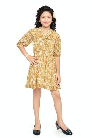 yellow ochre printed casual 3/4th sleeves v neck girls regular fit frock