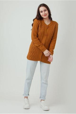 yellow ochre solid casual full sleeves round neck women regular fit sweater