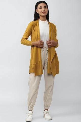 yellow ochre solid casual full sleeves women regular fit shrug