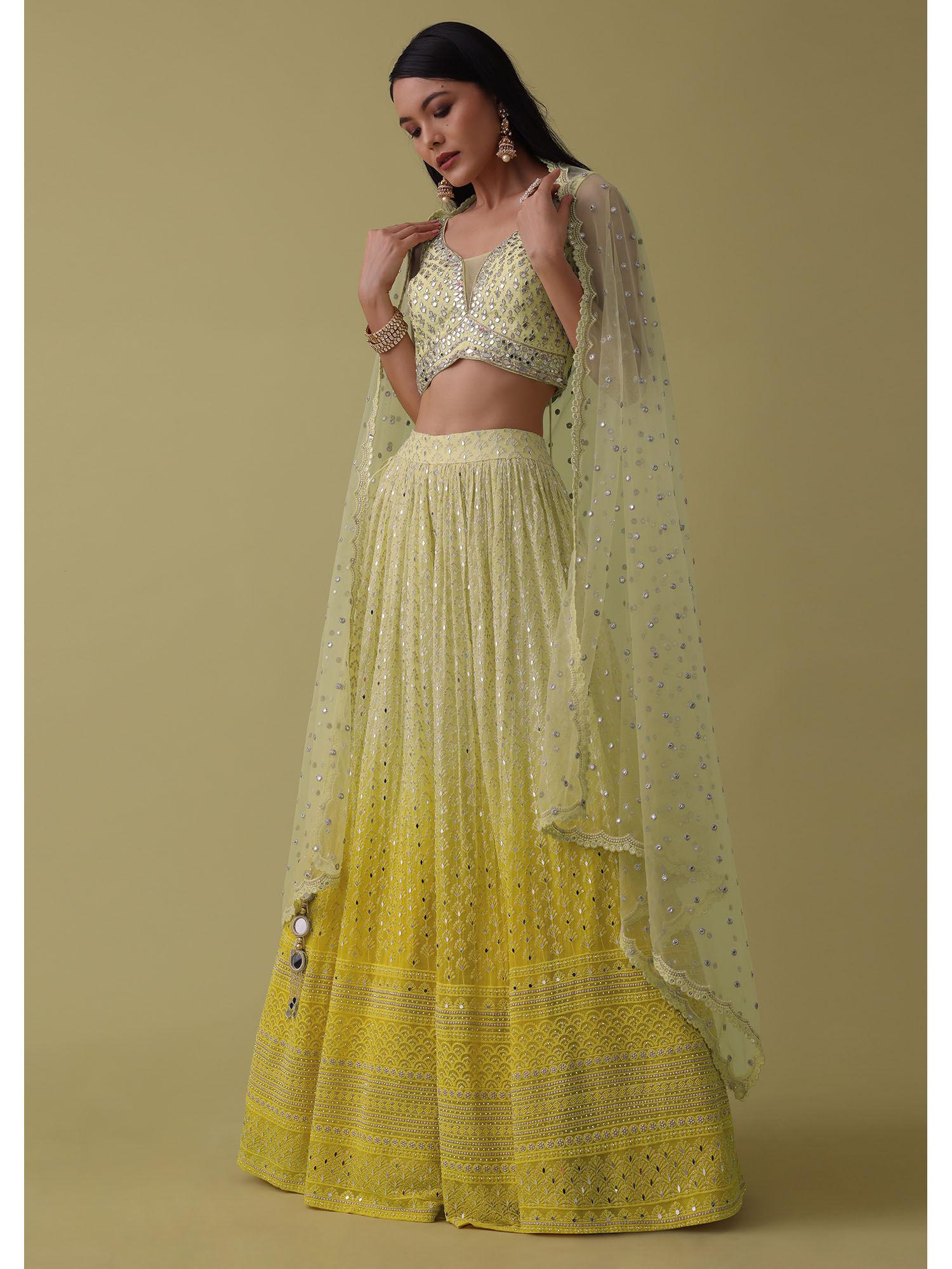 yellow ombre lehenga with mirror and thread embroidery (set of 3)