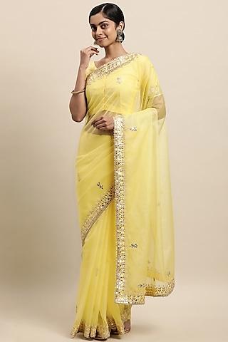 yellow organza embroidered handcrafted saree set