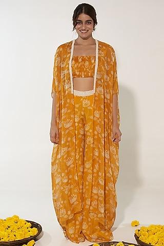 yellow organza lotus printed & pearl embroidered cape set