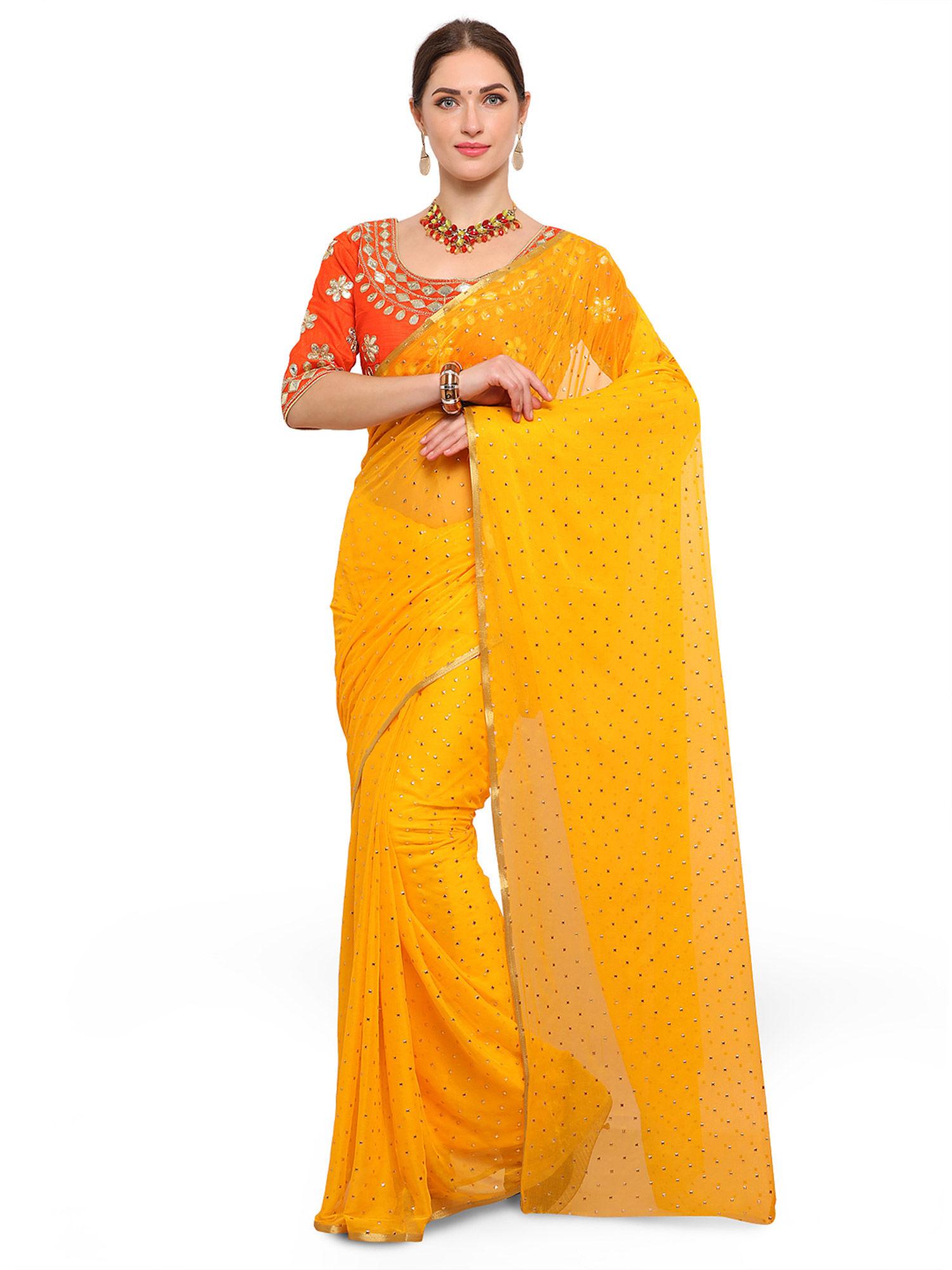 yellow party chiffon embellished saree with unstitched blouse