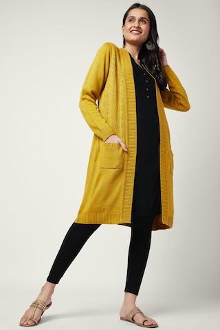 yellow patterned winter wear full sleeves women regular fit cape