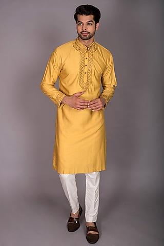 yellow poly silk cutdana embroidered kurta set