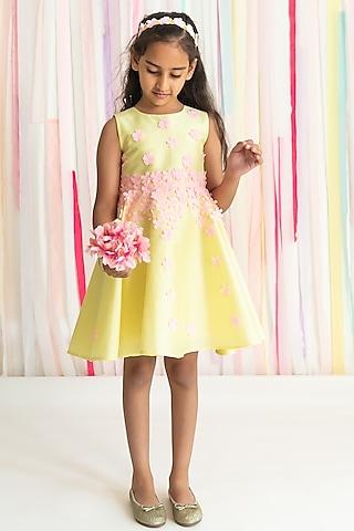 yellow poly taffeta floral hand embroidered flared dress for girls