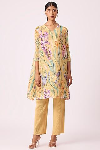 yellow polyester floral printed a-line tunic set