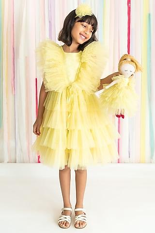 yellow polyester lycra lurex sequins hand embroidered ruffled dress for girls