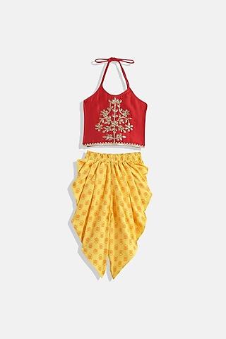 yellow polyester printed dhoti set for girls