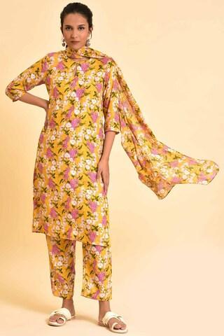 yellow print casual 3/4th sleeves key hole neck women regular fit pant kurta dupatta set