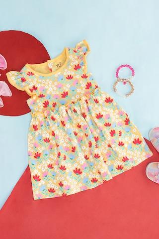 yellow print casual cap sleeves round neck baby regular fit dresses