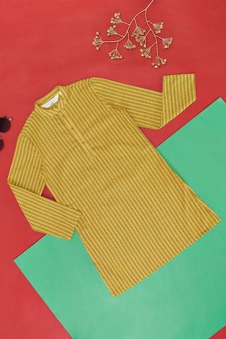 yellow print casual full sleeves mandarin collar boys regular fit kurta