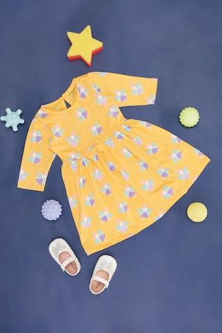 yellow print casual full sleeves round neck baby regular fit  dress