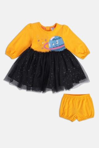 yellow print casual full sleeves round neck baby regular fit dress with bloomer