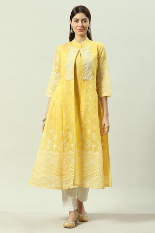 yellow print ethnic band collar 3/4th sleeves women straight fit kurta