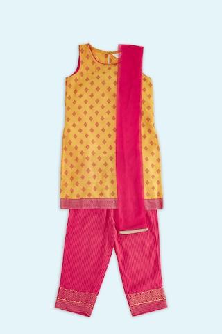 yellow print ethnic round neck sleeveless calf-length girls regular fit pant kurta dupatta set