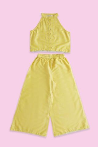 yellow print ethnic round neck sleeveless full length girls regular fit pant kurta set