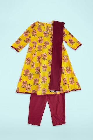 yellow print ethnic v neck 3/4th sleeves knee length girls regular fit pant kurta dupatta set