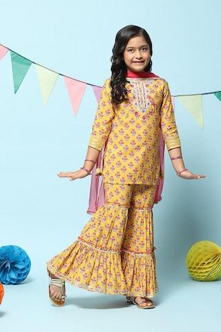 yellow print full length ethnic girls straight fit kurta sharara set