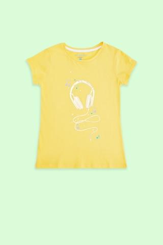 yellow printed casual half sleeves round neck girls regular fit t-shirt