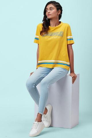 yellow printed casual half sleeves round neck women regular fit t-shirt