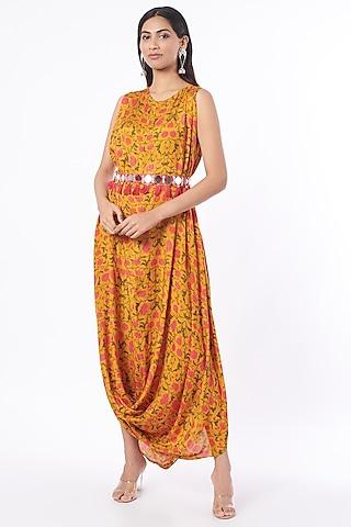 yellow printed cowl dress for girls with belt