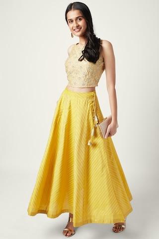 yellow printed full length ethnic women regular fit skirt