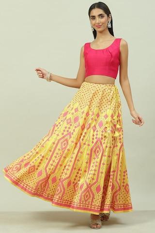 yellow printed full-length casual women flared fit skirt