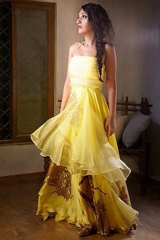 yellow printed gown with sheer panel