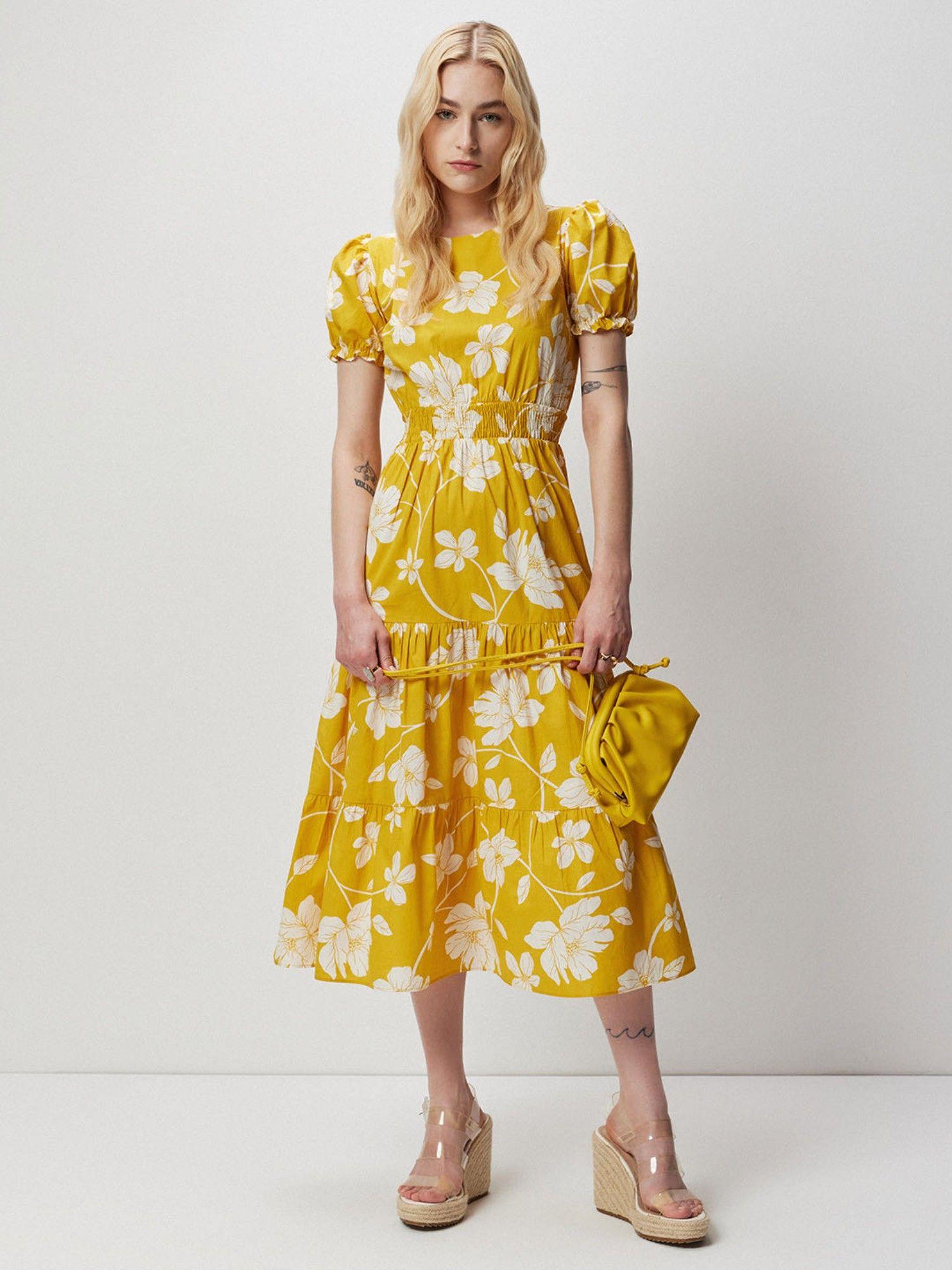 yellow printed midi dress