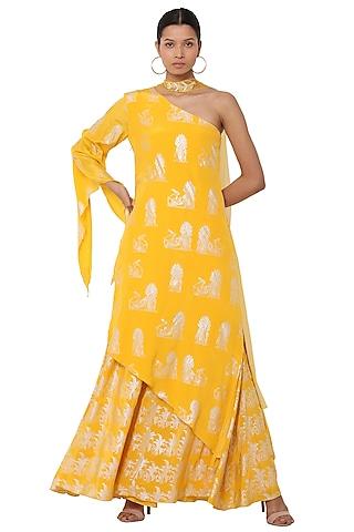 yellow printed one shoulder asymmetrical tunic with palazzo pants set