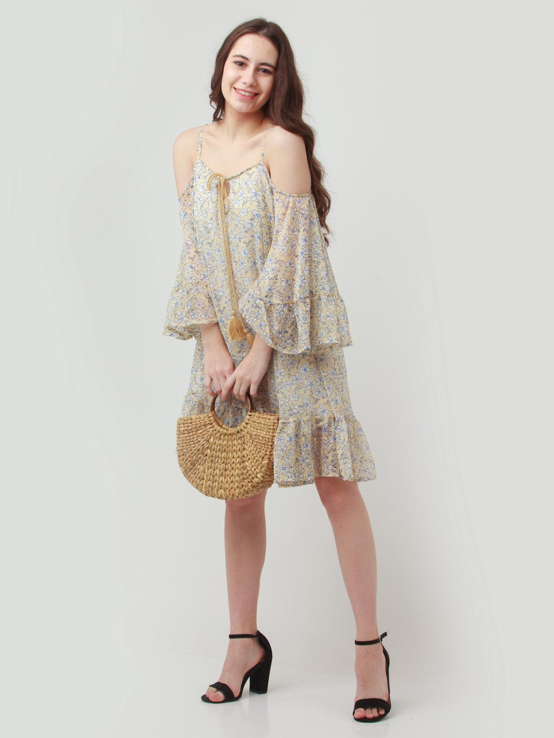 yellow printed tiered short dress for women