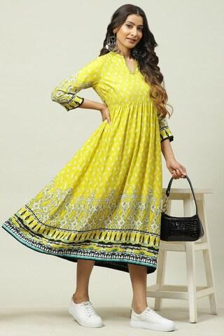 yellow printed v neck casual calf-length 3/4th sleeves women flared fit dress