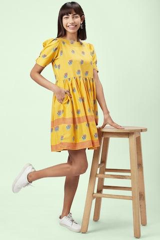 yellow printeded round neck casual thigh-length puff sleeves women flared fit dress