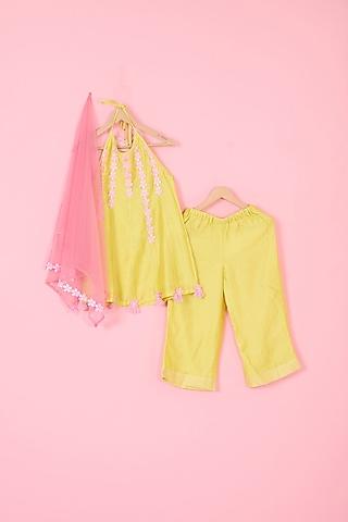 yellow pure chanderi halter kurta set for girls