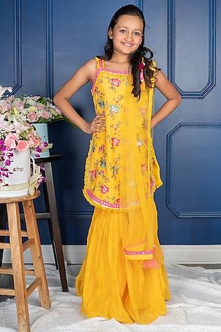 yellow pure chanderi silk sharara set for girls