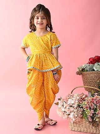 yellow pure cotton bandhani printed dhoti set for girls
