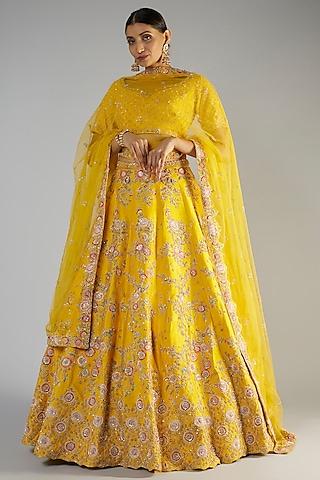 yellow raw silk embroidered lehenga set